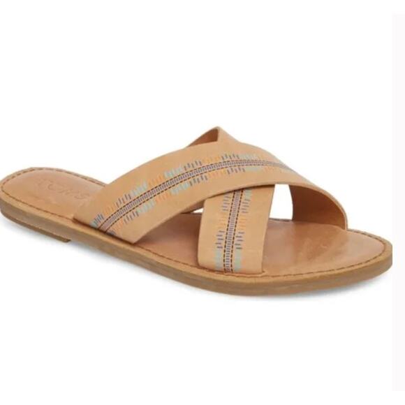 TOMS Women’s 7 Tan Leather Open Toe Slip-On Flat Boho Summer Sandals - Picture 1 of 8